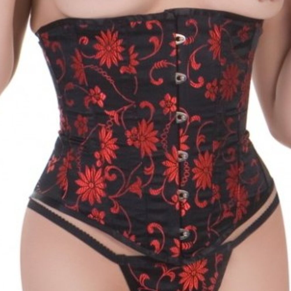 Black Red Jacquard Underbust Waist Cincher Corset Set - NEW